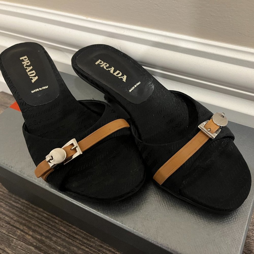 Prada Women's Black and Tan Slide Sandals